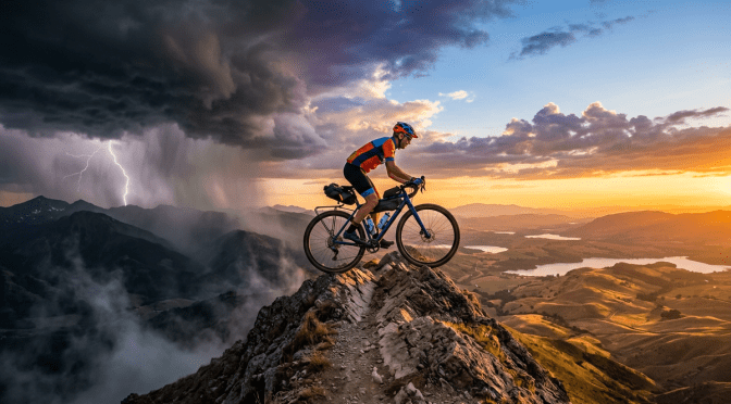 A cyclist on a rocky mountain ridge with storm clouds, lightning, and sunset