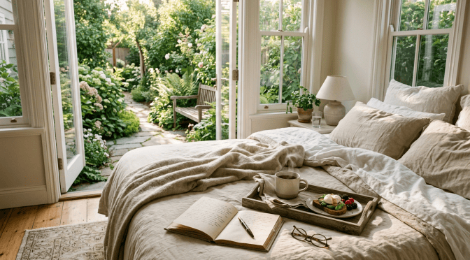 Sunlit bedroom with coffee, journal, and garden view
