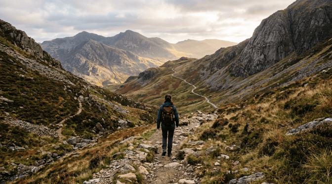 Hiker walking along a rocky trail through rugged mountain valleys