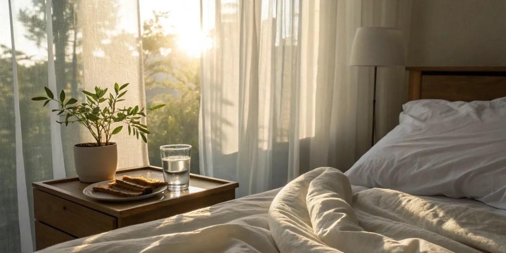 A sunlit bedroom with sheer curtains, featuring a bedside table holding a plant, a glass of water, and a plate of toast. Bed is unmade with blankets casually arranged.